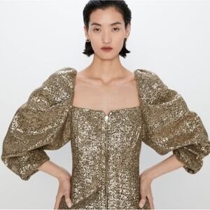 NWT Blogger's Fav ZARA Gold Sequin‎ Puff Sleeve Cocktail Party Mini Dress Medium